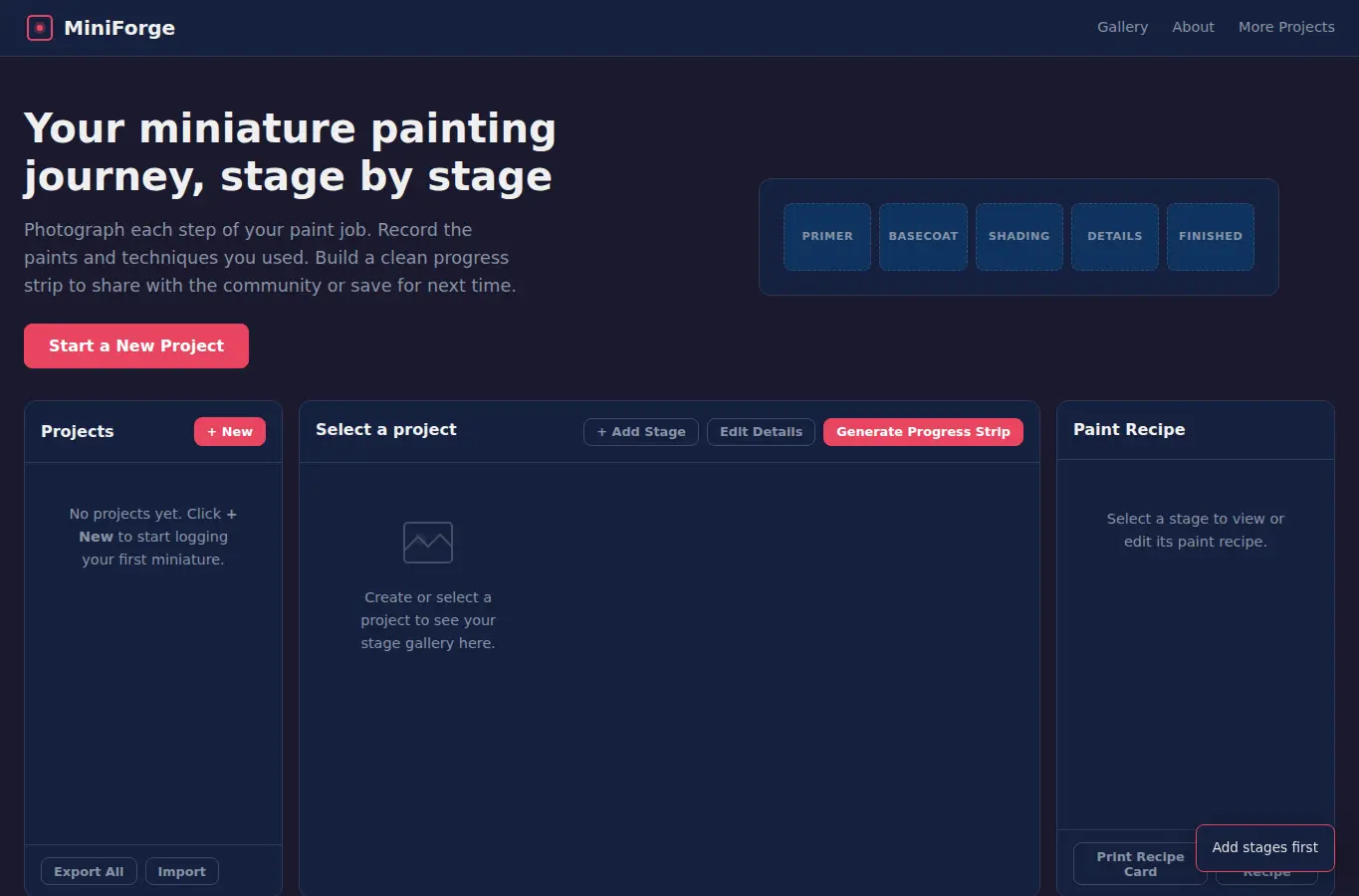 Screenshot of MiniForge | Miniature Painting Progress Gallery interface showing the project page in use